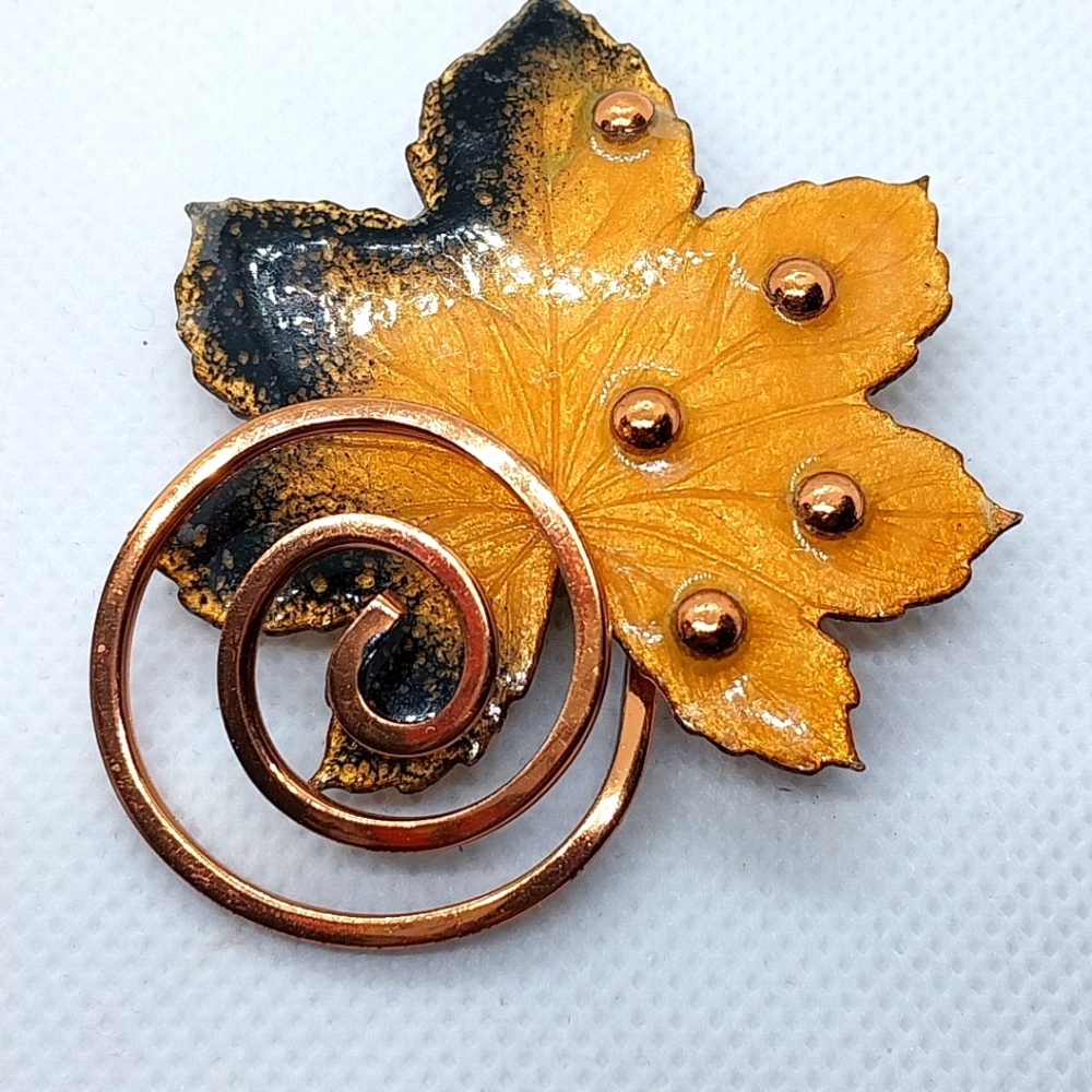 Vintage Matisse Renoir Copper Yellow Enamel Leaf Brooch Pin Womens